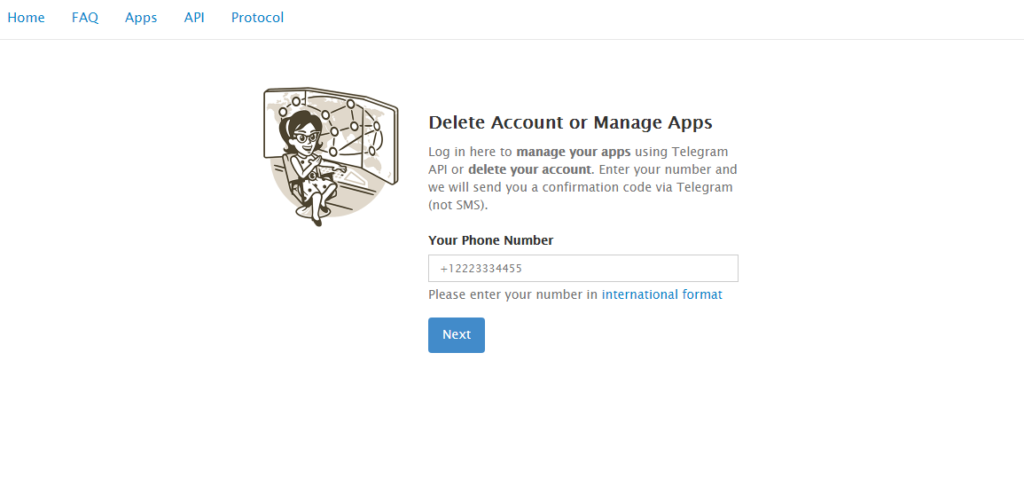 input your mobile number for delete telegram account